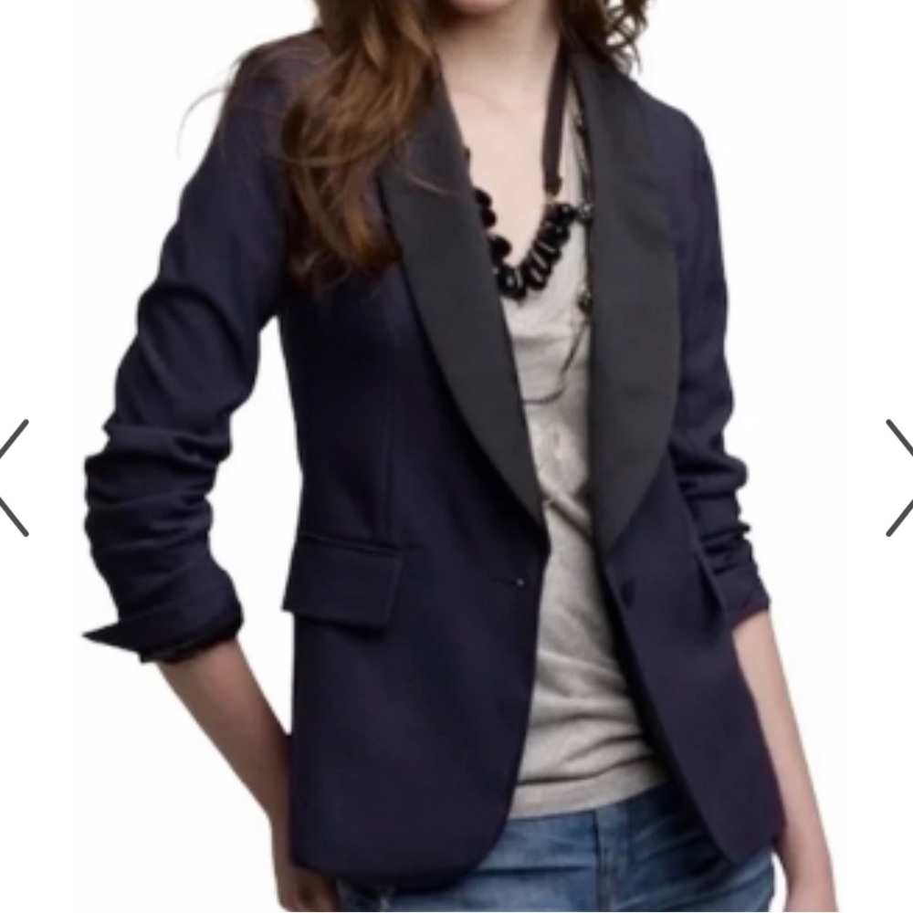 J. Crew Navy Black Shawl Collar Tuxedo Blazer Wool Two Tone One Button Size 2